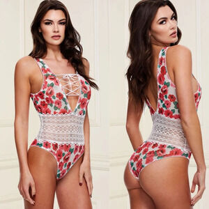 BACI Queen Plus White Mesh Pink Floral and Lace Tie-Up Teddy Lingerie NWT